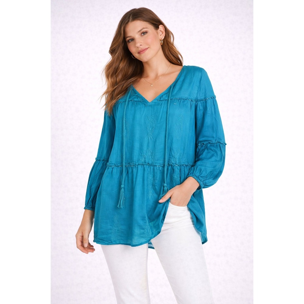 NWT Lane Bryant Peasant Blouse Womens 18/20 Teal‎ Embroidered Beaded Boho Tunic